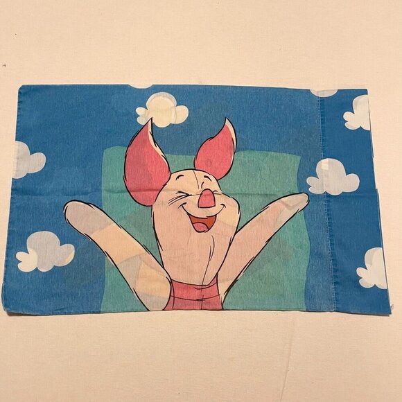 Vtg 2 Disney Winnie The Pooh Piglet Standard Pillow Case Blue White Clouds - Picture 11 of 16